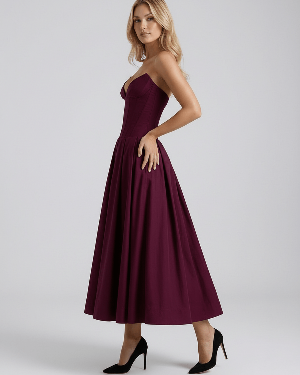 Aveline V-neck midi dress by Lauven, featuring fitted bodice and flowing skirt in rich burgundy, perfect for elegant occasions.