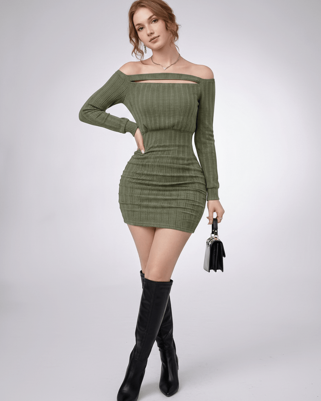 Aveline Mini Dress by Lauven, textured knit, off-shoulder neckline, bodycon fit, modern and versatile style.