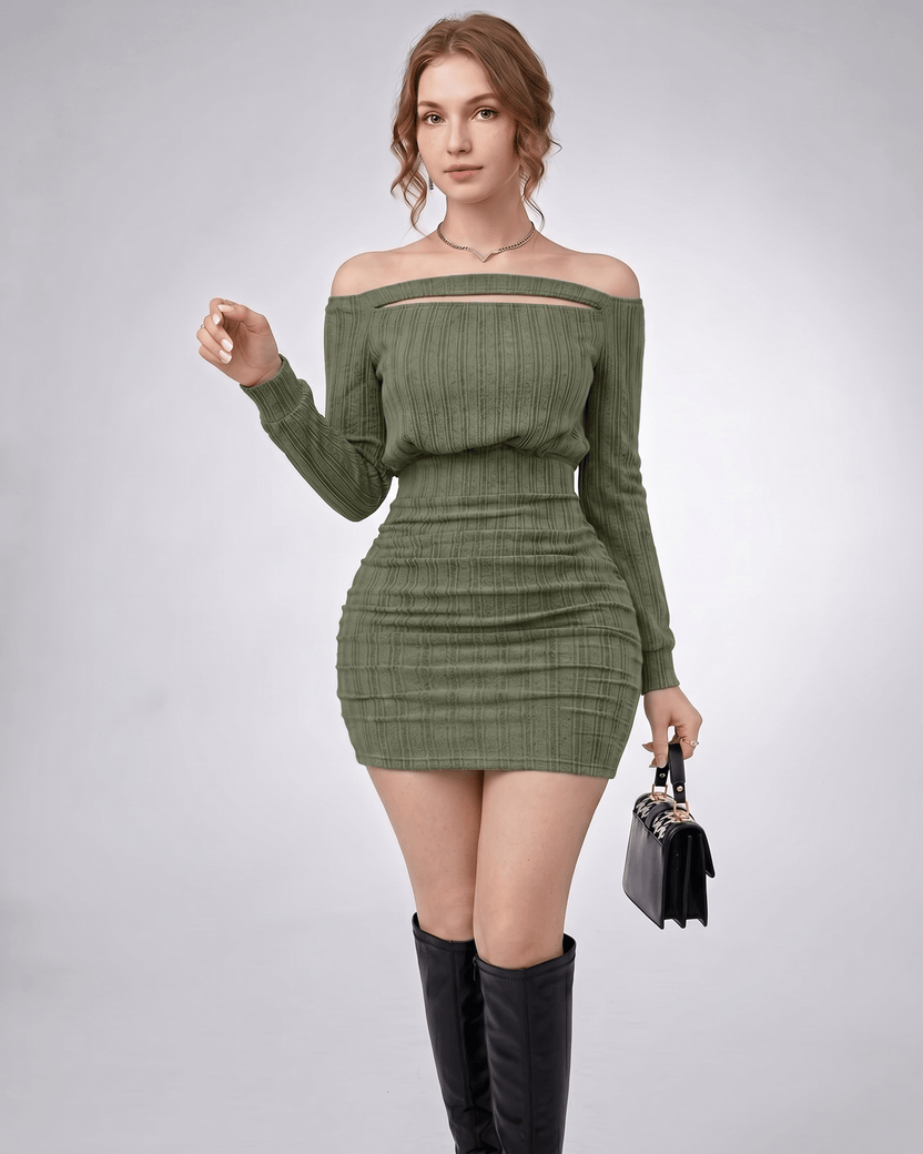 Aveline Mini Dress featuring textured knit, off-shoulder neckline, and bodycon fit by Lauven.
