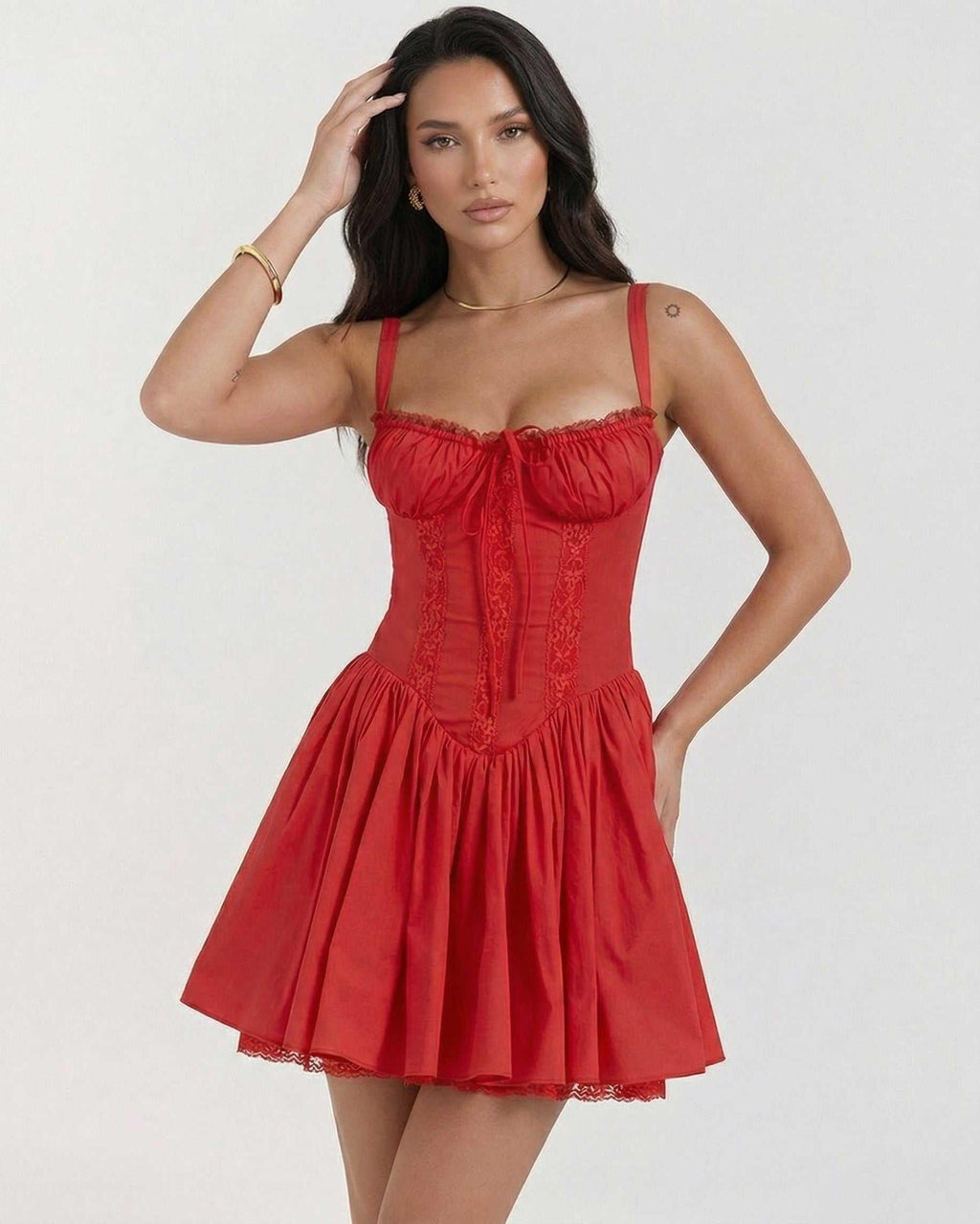 Aveline Mini Dress by Lauven – Elegant strapless lace dress in red with mid waist fit and delicate detailing.