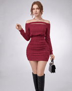Aveline Mini Dress with off-shoulder neckline, textured knit, bodycon silhouette by Lauven.