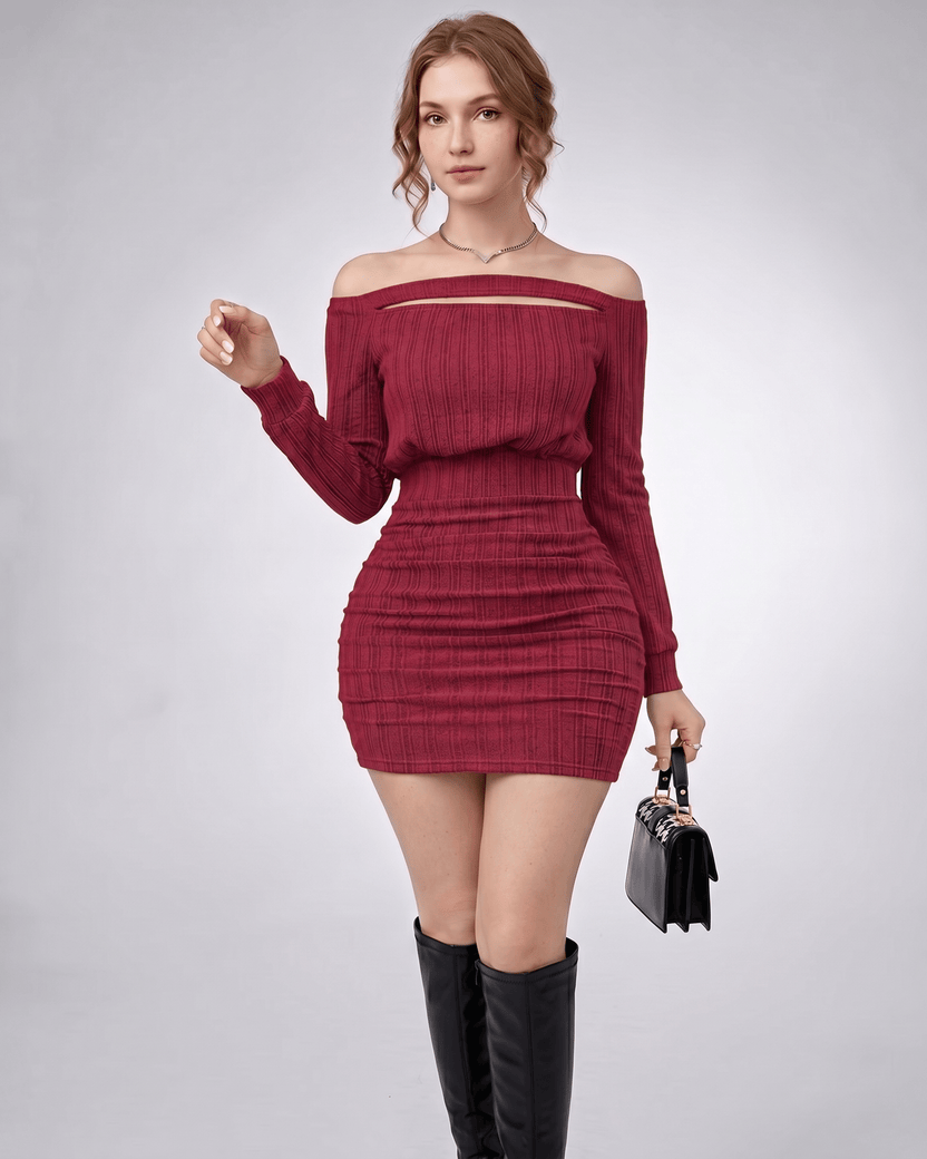 Aveline Mini Dress with off-shoulder neckline, textured knit, bodycon silhouette by Lauven.