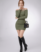 Aveline Mini Dress in textured knit with off-shoulder neckline, bodycon silhouette by Lauven, perfect for modern wardrobes.