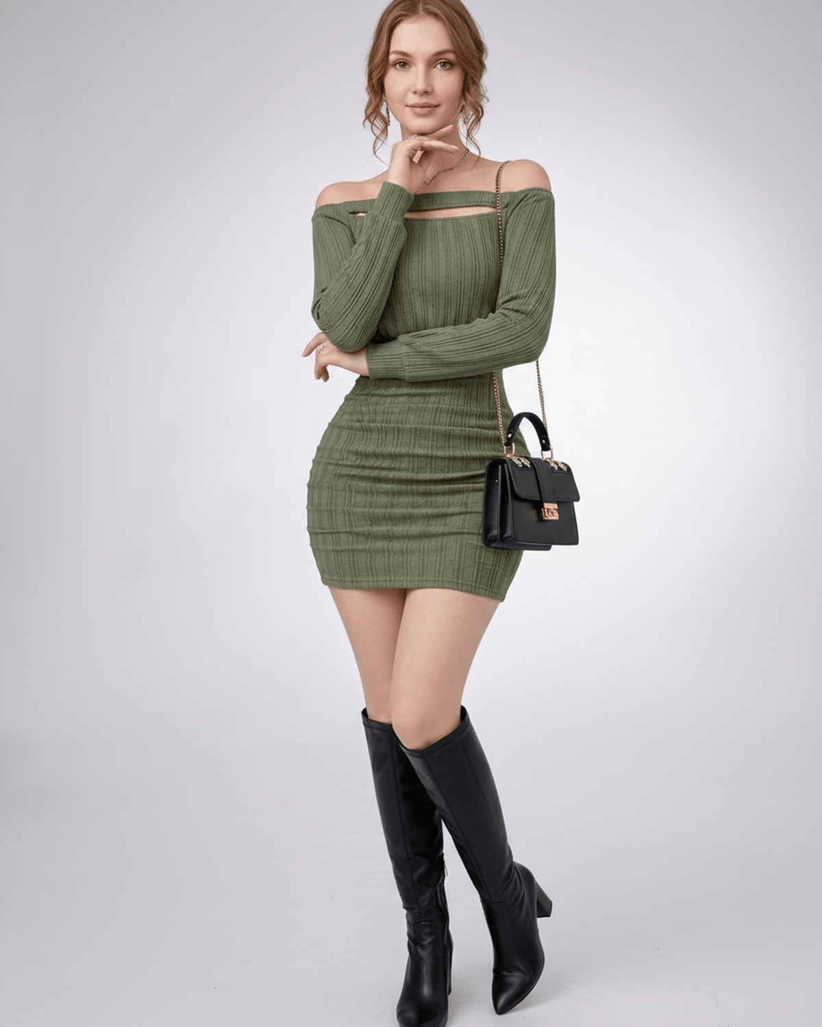 Aveline Mini Dress in textured knit with off-shoulder neckline, bodycon silhouette by Lauven, perfect for modern wardrobes.