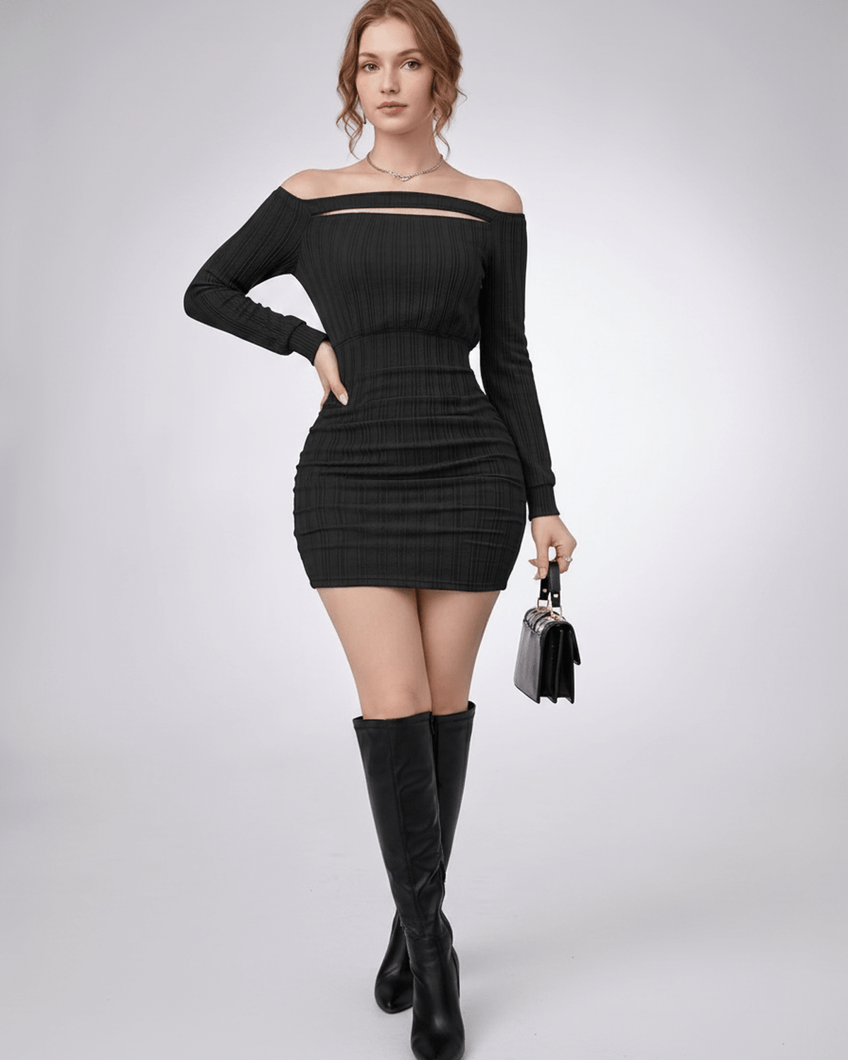 Aveline Mini Dress by Lauven, textured knit, off-shoulder, bodycon silhouette, versatile and stylish.