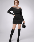 Aveline Mini Dress, textured knit, off-shoulder neckline, bodycon silhouette by Lauven, perfect for modern wardrobes.