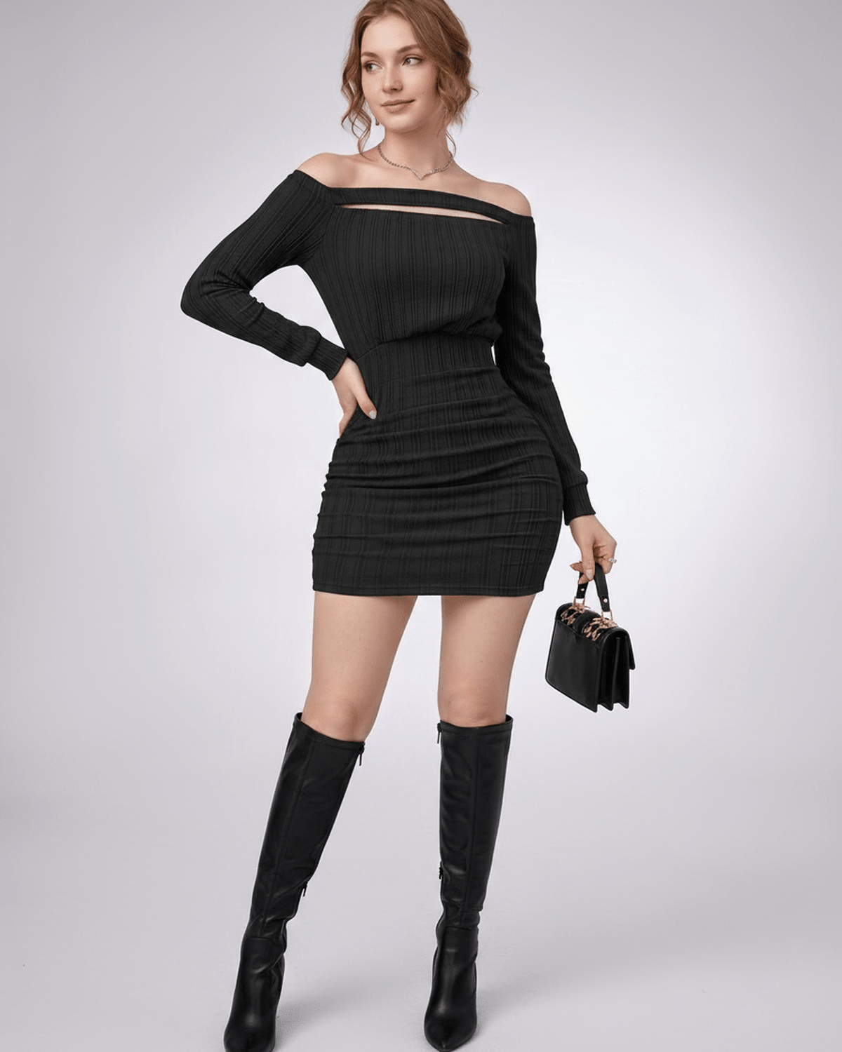 Aveline Mini Dress, textured knit, off-shoulder neckline, bodycon silhouette by Lauven, perfect for modern wardrobes.