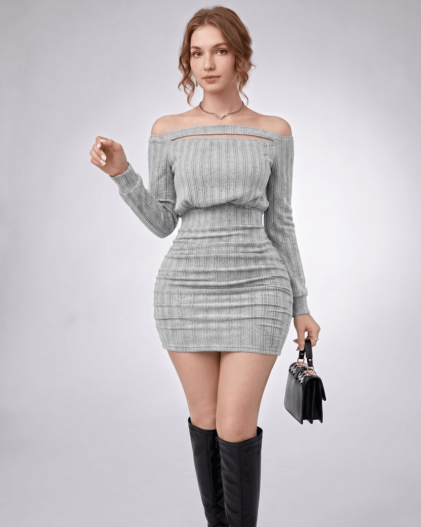 Aveline Mini Dress featuring a textured knit, off-shoulder neckline, bodycon silhouette, by Lauven.