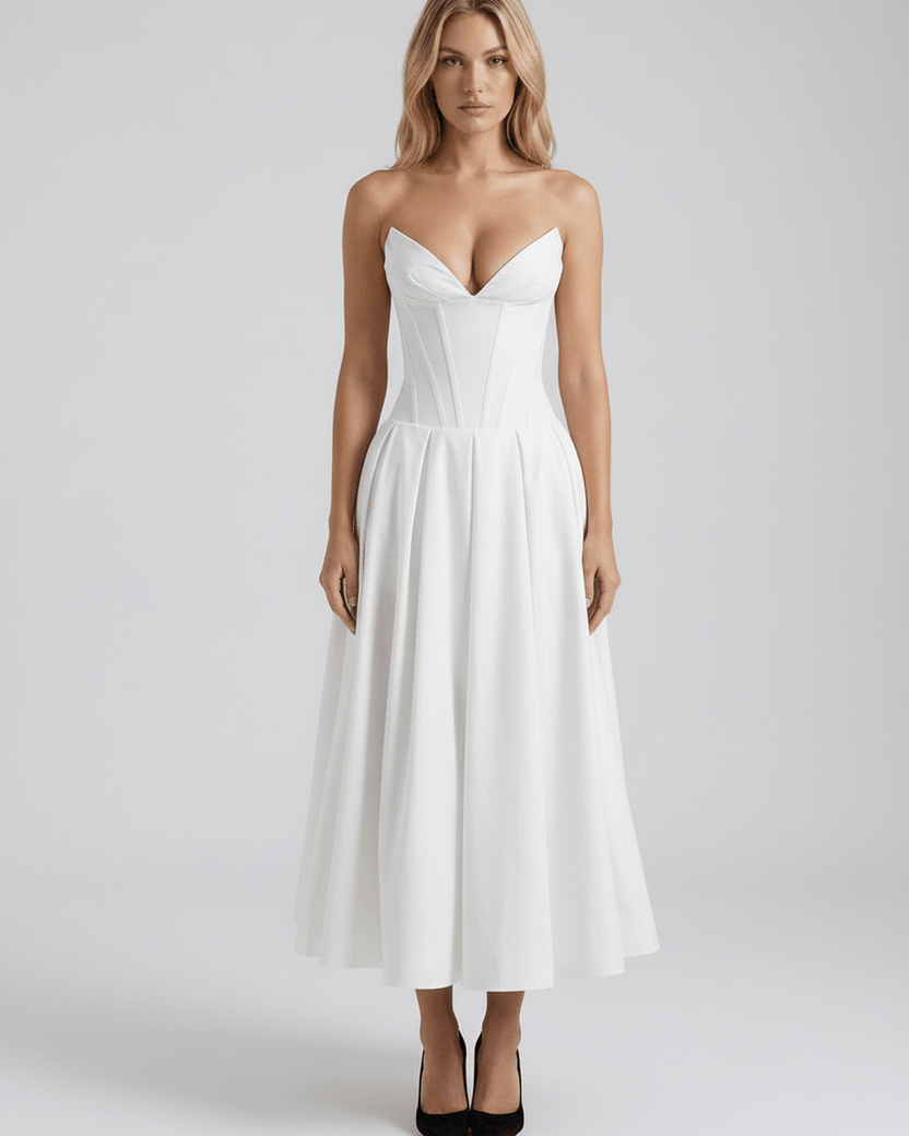 Aveline Midi Dress in white, featuring V-neckline, structured polyester, and a flowing skirt by Lauven. Perfect V-neck midi dress.