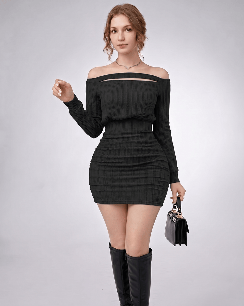 Aveline Mini Dress, textured knit, off-shoulder neckline, bodycon silhouette by Lauven, perfect for modern wardrobes.