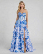 Azura Maxi Dress by Lauven - Stunning blue floral tiered chiffon gown with a structured corset bodice and high slit.