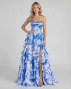 Azura Maxi Dress by Lauven - Stunning blue floral tiered chiffon gown with high slit and ruffles.