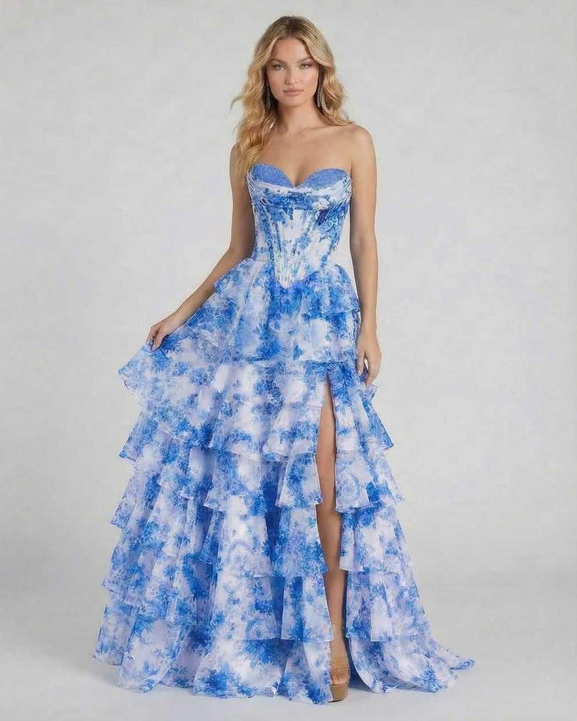 Azura Maxi Dress by Lauven - Stunning blue floral tiered chiffon gown with strapless design and high slit.
