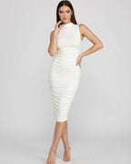 Azura Midi Dress by Lauven - Sleek sleeveless design with ruched detailing for a flattering fit.