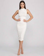 Lauven Azura Midi Dress, sleeveless, high neckline, ruched detailing, elegant fit, perfect for upscale events.
