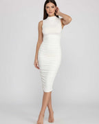Lauven Azura Midi Dress, sleek sleeveless design with ruched detailing for a flattering silhouette.