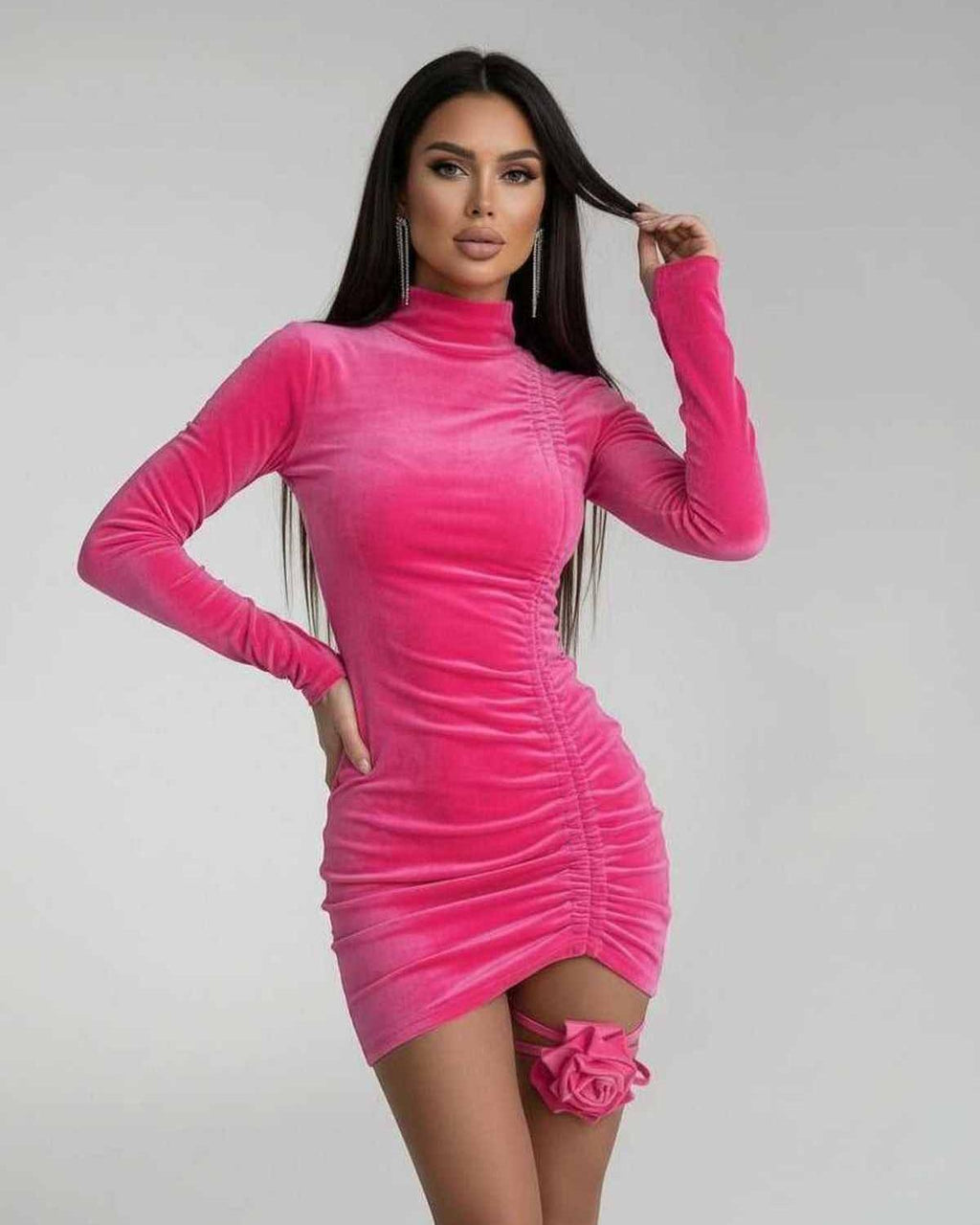 Azura Mini Dress in pink with ruched detail featuring a high mock neckline by Lauven, designed for a sleek bodycon silhouette.