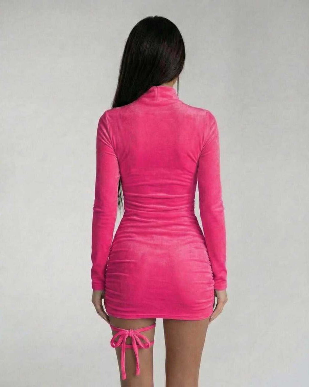 Azura Mini Dress back view in pink with ruched detail, high mock neckline, by Lauven for a sleek bodycon look.