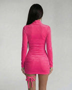 Azura Mini Dress back view in pink with ruched detail, high mock neckline, by Lauven for a sleek bodycon look.