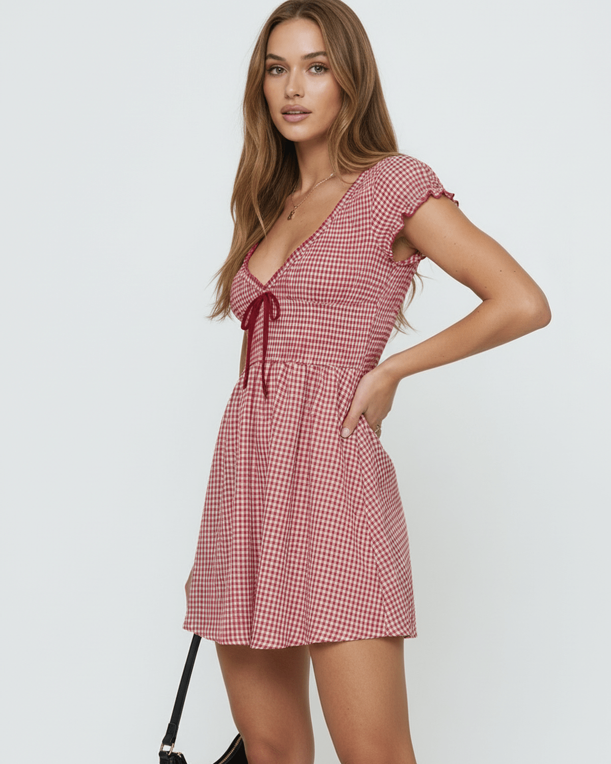 Lauven Azura Mini Dress Red Checkered Sleeveless Style with Empire Waist