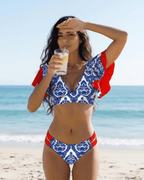 Azura Two-Piece Swimsuit by Lauven, blue and red patterned, featuring spandex and polyester, perfect for beach wear.