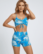 Lauven Azure Bliss Swimsuit featuring blue marble print, ruched top, and comfortable polyester knit fabric.
