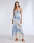 Azure Maxi Dress by Lauven with floral lace, ruffle V-neck, and soft blue and ivory colors for a stylish, breezy look.