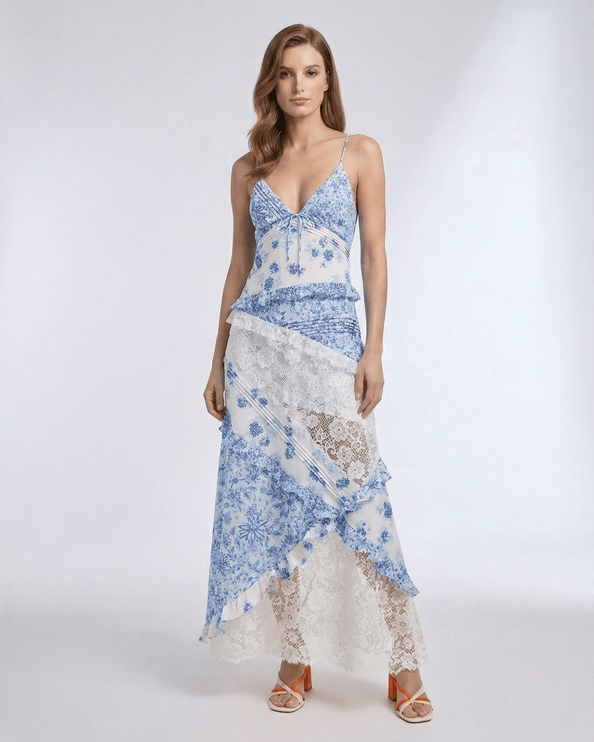 Azure Maxi Dress by Lauven with floral lace, ruffle V-neck, and soft blue and ivory colors for a stylish, breezy look.