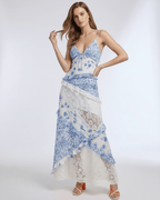 Azure Maxi Dress featuring floral lace, V-neck design, soft blue and ivory tones by Lauven, creating an elegant silhouette.