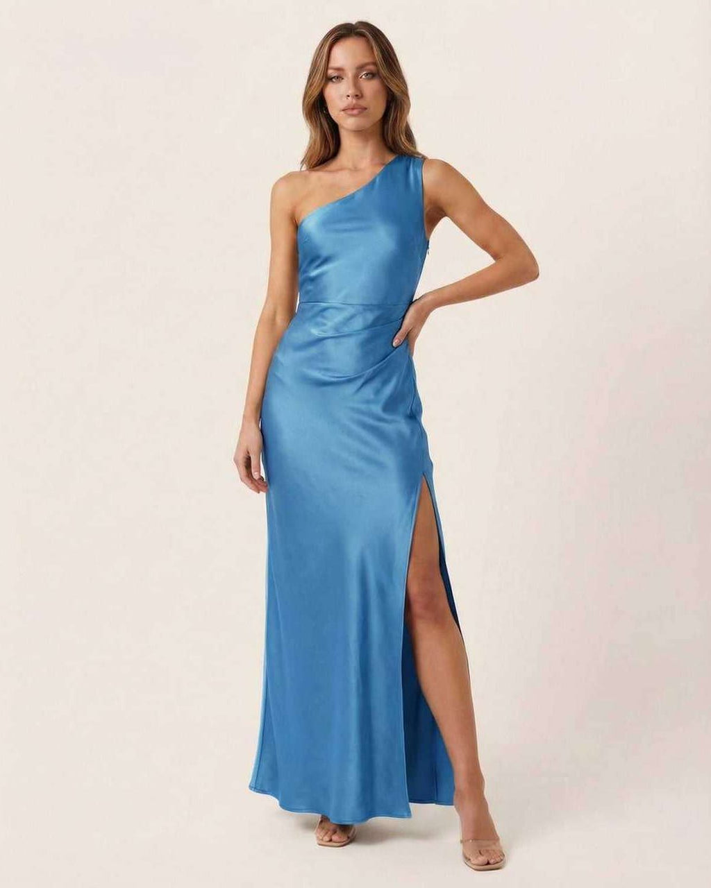 Azure Maxi Dress showcasing its satin fabric, one-shoulder design, and elegant silhouette by Lauven.