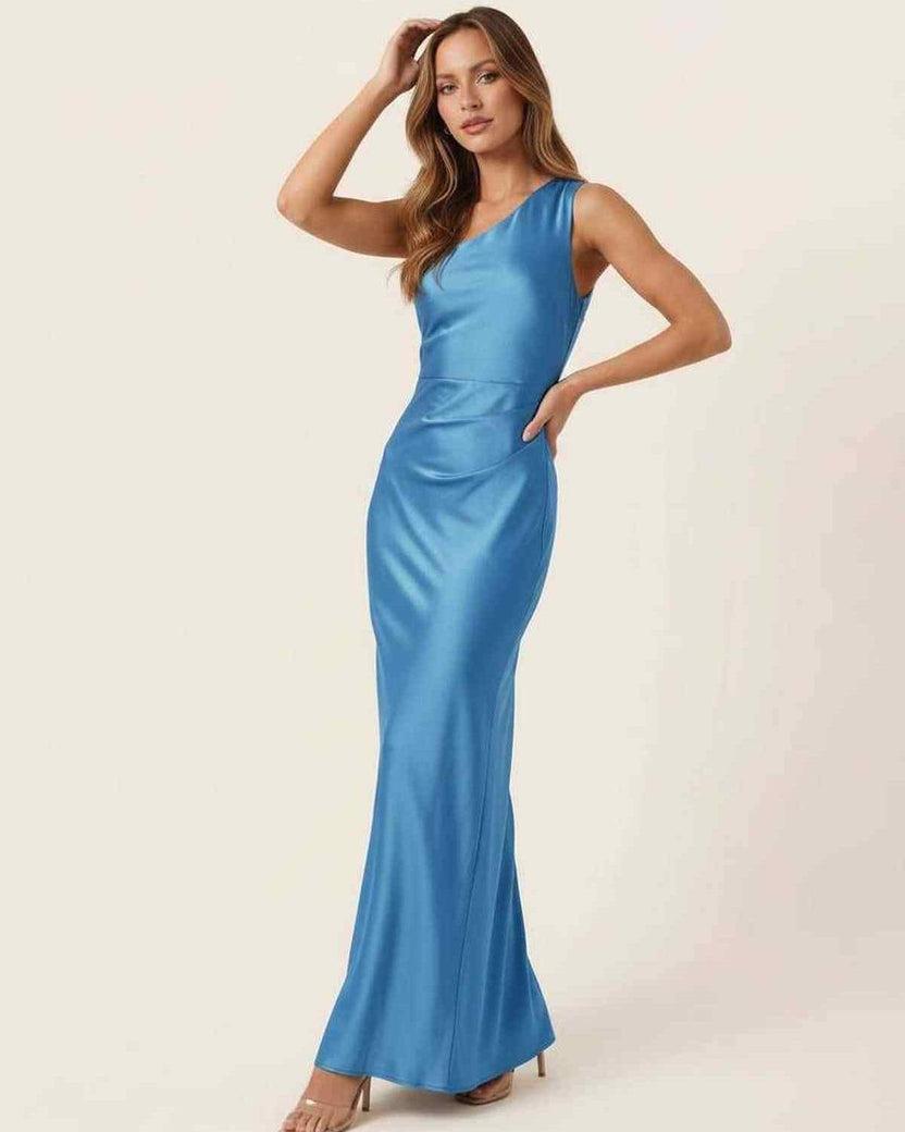 Azure Maxi Dress by Lauven, featuring a one-shoulder design and sleek satin fabric in striking blue.