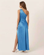 Azure Maxi Dress featuring one-shoulder design and luxurious satin fabric by Lauven, perfect for elegant evening wear.