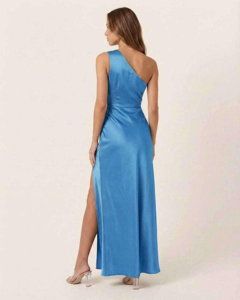 Azure Maxi Dress featuring one-shoulder design and luxurious satin fabric by Lauven, perfect for elegant evening wear.