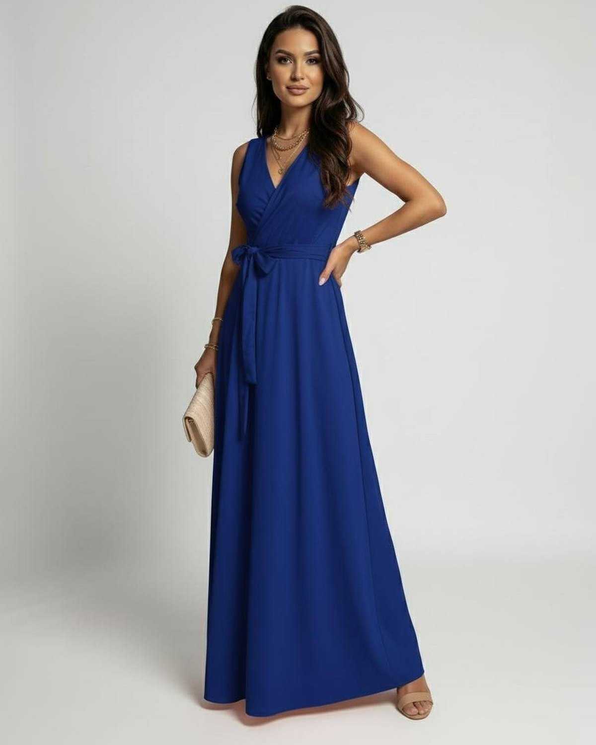 Lauven Azure Maxi Dress in rich blue with elegant V-neck and flowing design, showcasing timeless elegance.