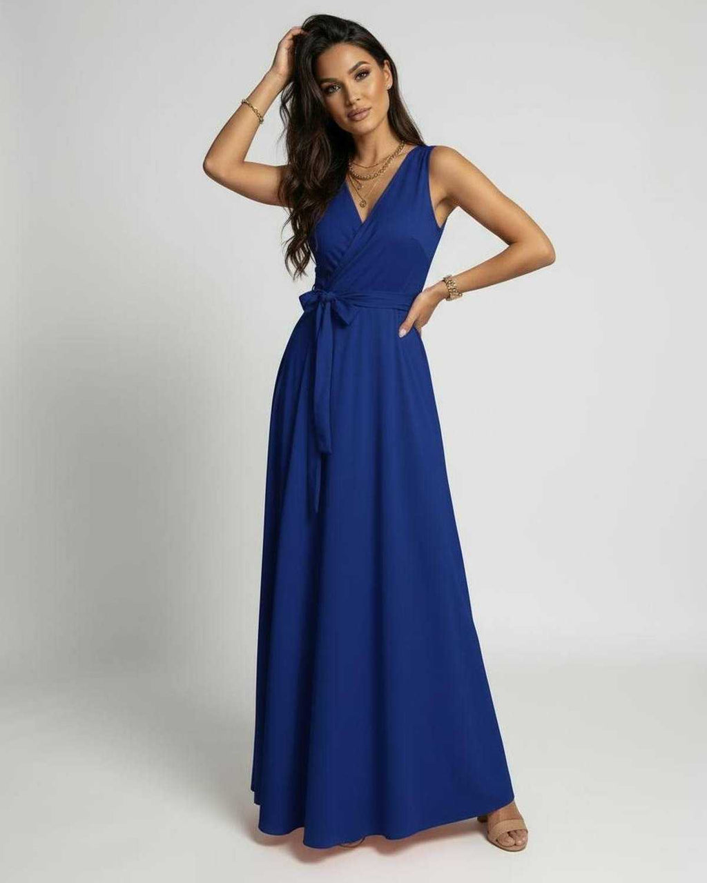 Azure Maxi Dress by Lauven in rich blue, showcasing an elegant V-neck design and flowing maxi silhouette.