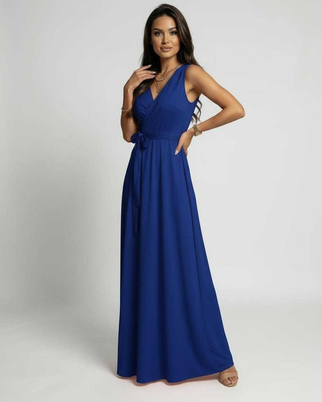 Azure Maxi Dress by Lauven in rich blue with elegant V-neck design and flowing silhouette.