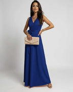 Azure Maxi Dress by Lauven: Elegant V-neck blue dress with a flowing silhouette for effortless style.