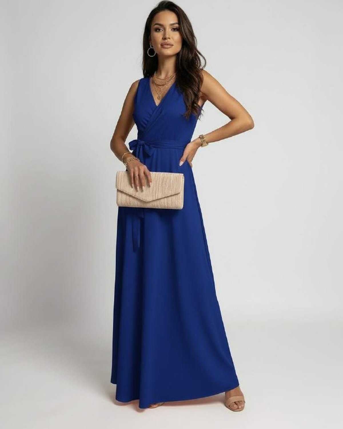 Azure Maxi Dress by Lauven: Elegant V-neck blue dress with a flowing silhouette for effortless style.