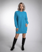 Azure Mini Dress by Lauven in bright blue cable knit with dropped long sleeves and relaxed fit.