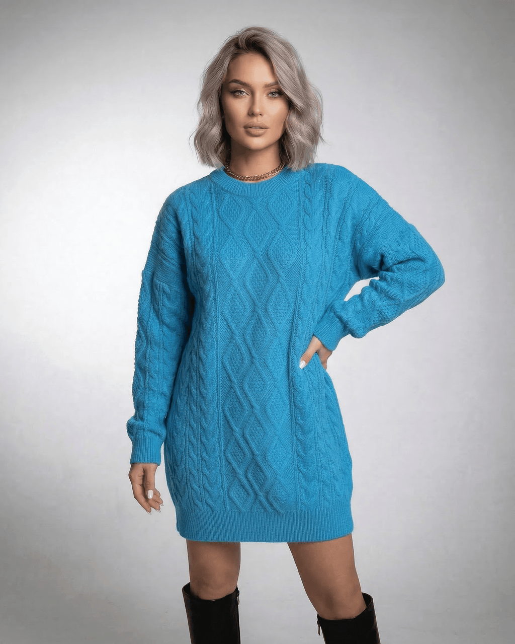 Azure Mini Dress by Lauven in vibrant blue cable knit, featuring a relaxed fit and elegant ribbed trims.