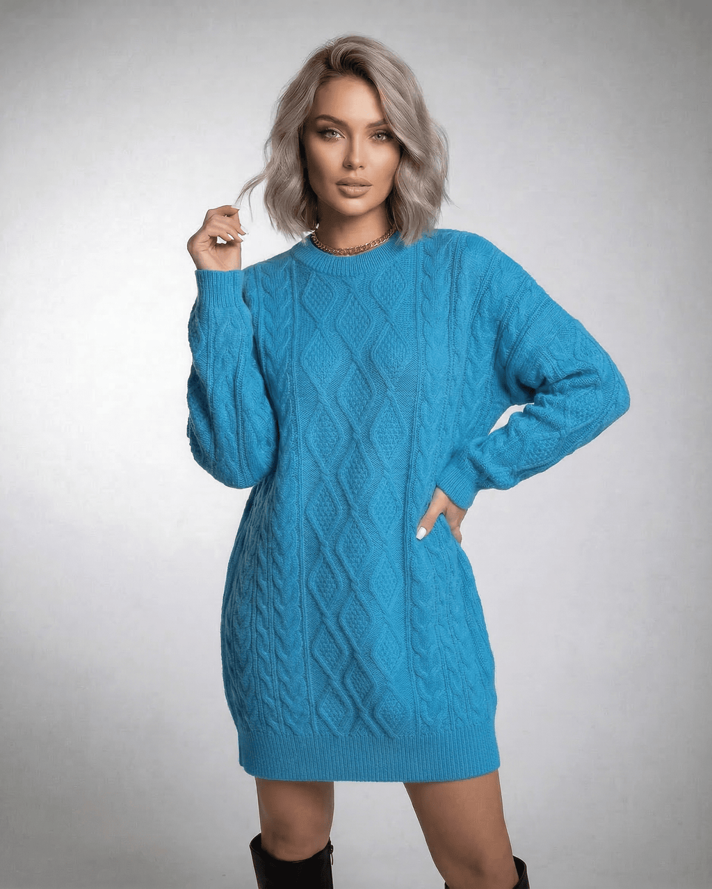 Azure Mini Dress by Lauven in bright blue cable knit with relaxed fit and elegant ribbed trims.