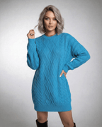 Azure Mini Dress by Lauven in bright blue cable knit with relaxed fit and elegant ribbed trims.