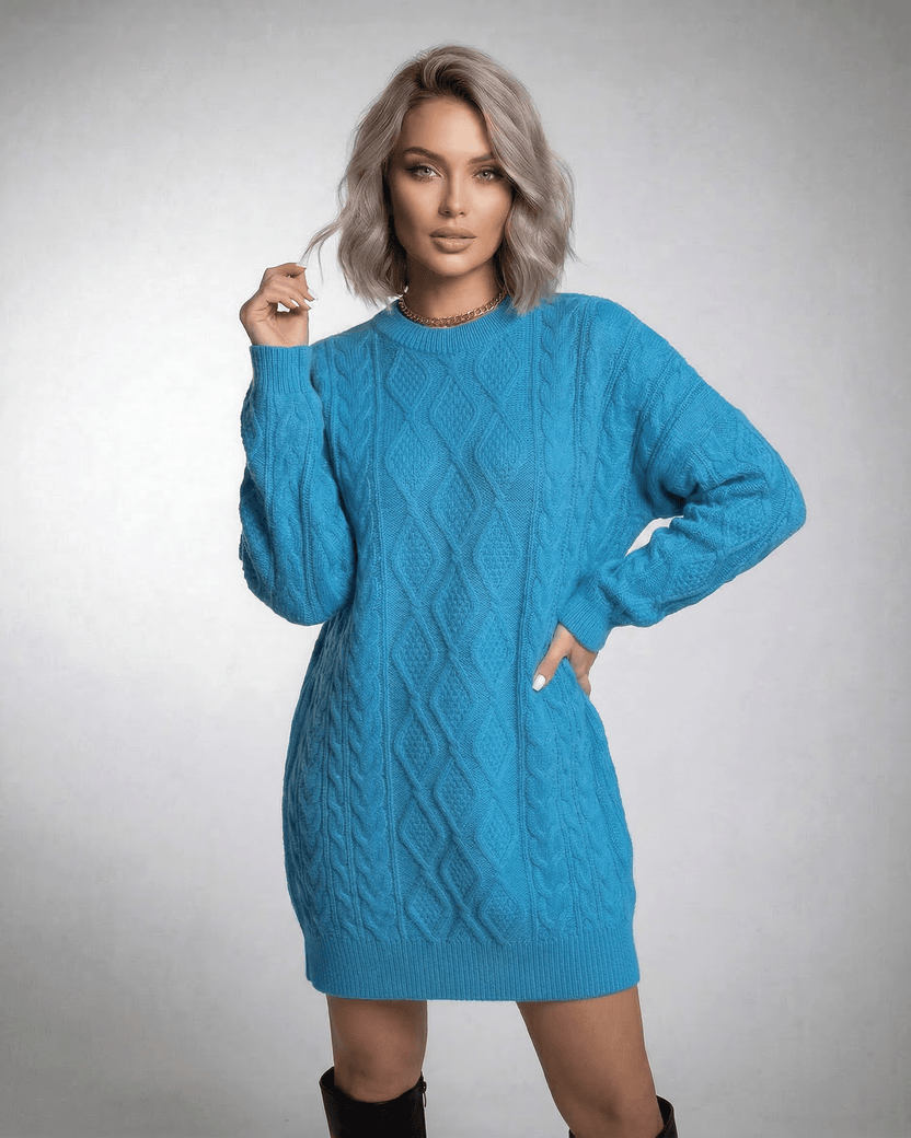 Azure Mini Dress by Lauven in bright blue cable knit with relaxed fit and elegant ribbed trims.