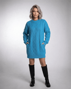 Azure Mini Dress by Lauven in bright blue cable knit with relaxed fit and ribbed trims, perfect for effortless style.