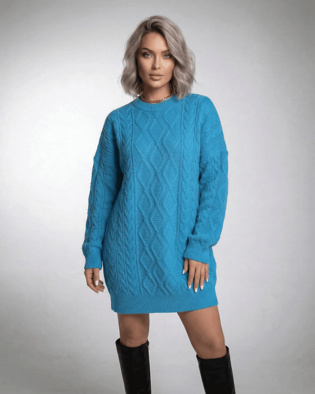 Azure Mini Dress by Lauven in bright blue cable knit with relaxed fit and dropped sleeves.