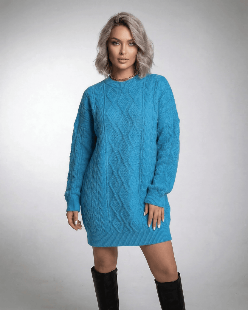 Azure Mini Dress by Lauven in bright blue cable knit with relaxed fit and dropped sleeves.