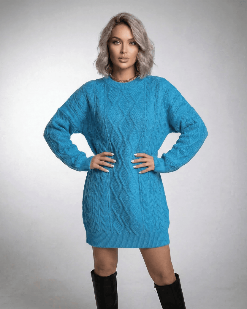 Azure Mini Dress by Lauven in bright blue cable knit with relaxed fit and dropped sleeves.