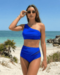 Lauven Azure Two-Piece Swimsuit featuring a blue asymmetric design, perfect for stylish beach days.