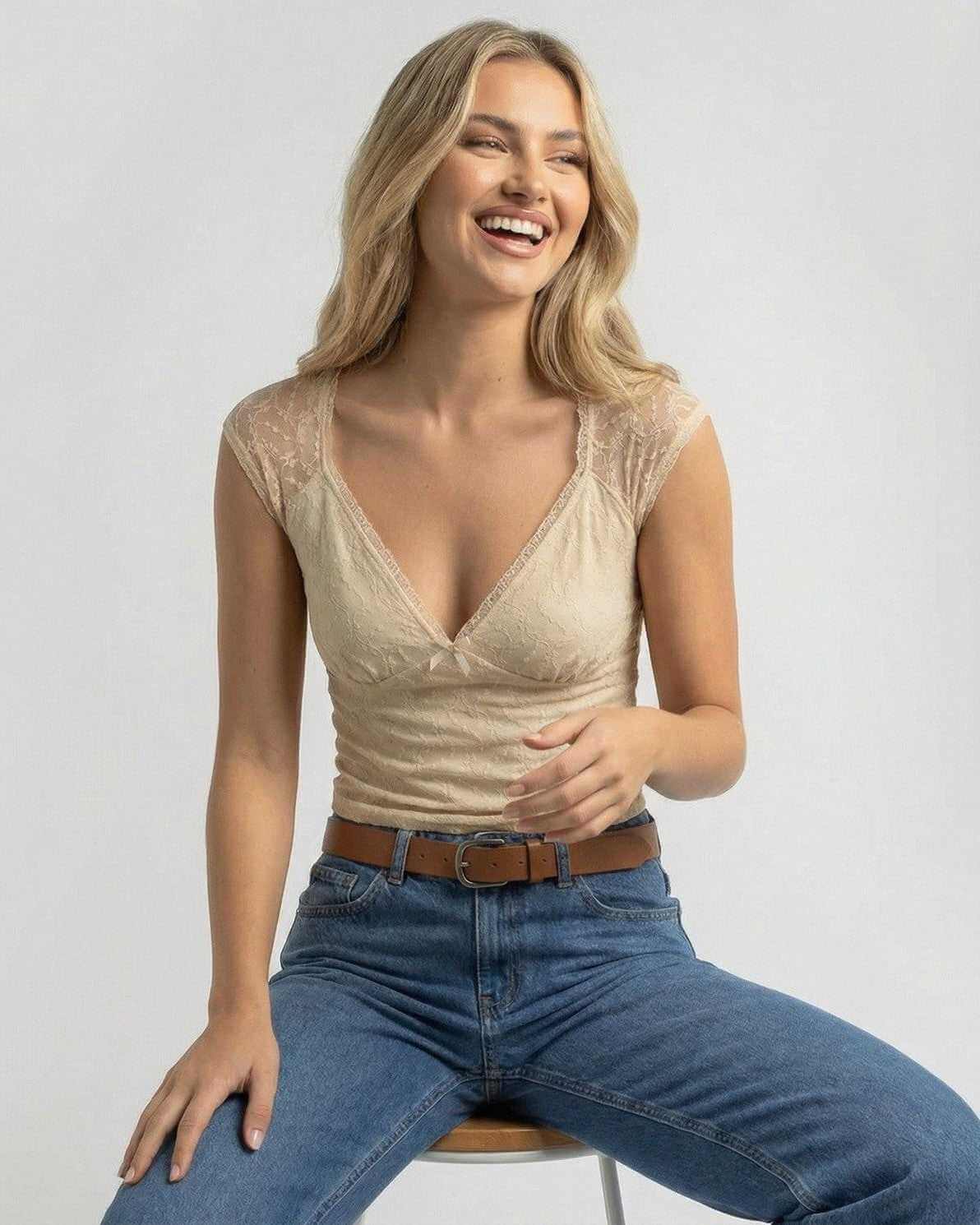 Beige Lace Top by Lauven - Women’s Slim Fit V-Neck Crop Tee styled with blue jeans