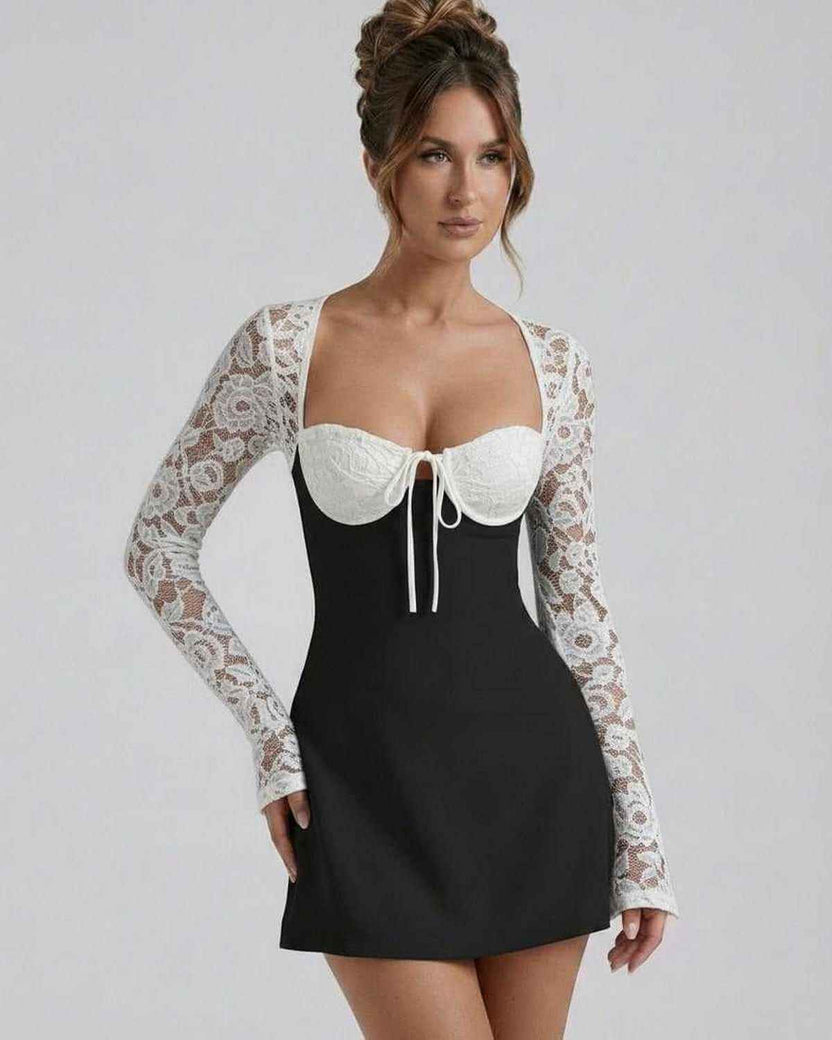 Bianca Lace Dress by Lauven - Black mini dress with white lace sleeves and floral detailing.